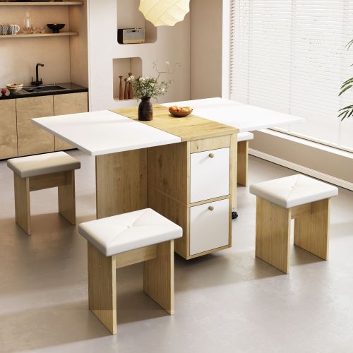 Ensemble Table Et Chaises, Table à Manger 120 Cm Blanc Et 4 Chaises En Pu Chêne