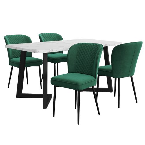 Ensemble Table Et Chaises, Table à Manger 117 Cm Avec Pieds Métal Noir Et 4 Chaises En Velours Vert