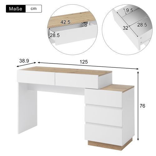 Coiffeuse Avec 5 Tiroirs De Rangements, Blanc Et Chêne