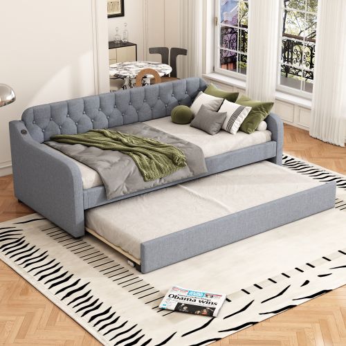Lit Gigogne 90x200 Cm Avec Ports USB, En Lin, Gris