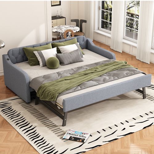 Lit Gigogne 90x200 Cm Avec Ports USB, En Lin, Gris