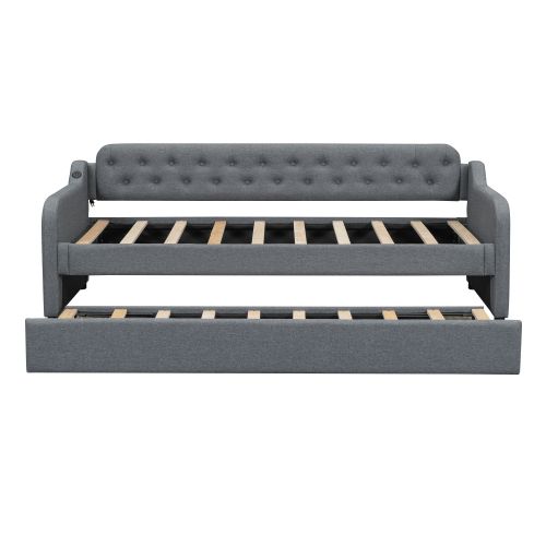 Lit Gigogne 90x200 Cm Avec Ports USB, En Lin, Gris