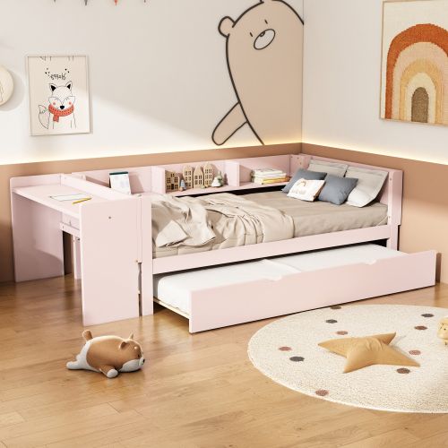 Lit Enfant 90x200 Cm Avec Lit Gigogne Et Bureau, En Bois, Rose