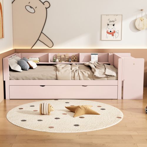 Lit Enfant 90x200 Cm Avec Lit Gigogne Et Bureau, En Bois, Rose