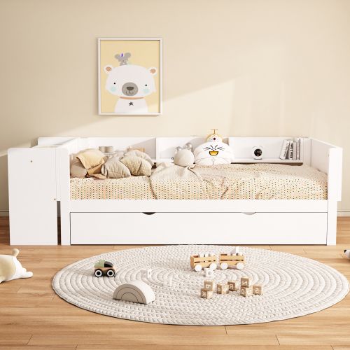Lit Enfant 90x200 Cm, Avec Lit Gigogne 90x180 Cm Et Bureau, En Bois, Blanc