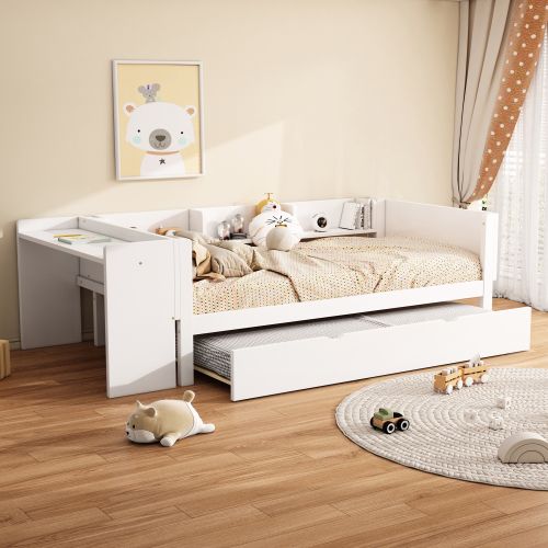 Lit Enfant 90x200 Cm, Avec Lit Gigogne 90x180 Cm Et Bureau, En Bois, Blanc