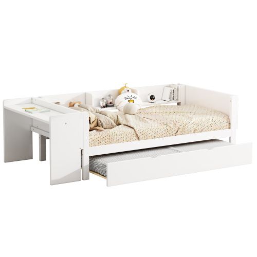 Lit Enfant 90x200 Cm, Avec Lit Gigogne 90x180 Cm Et Bureau, En Bois, Blanc