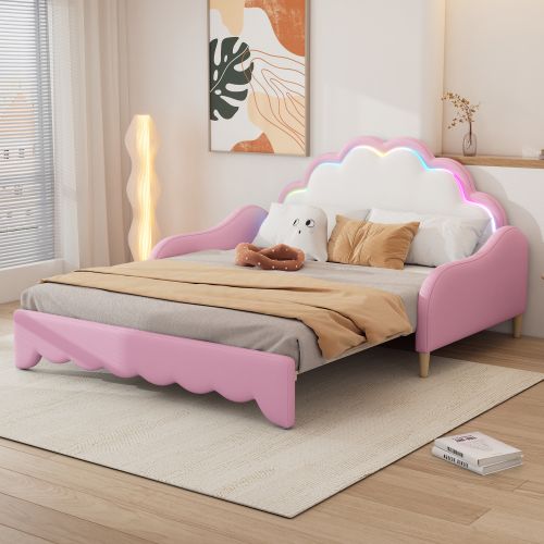Lit Adulte 140x200 Cm, Transformable, Tête De Lit LED Et Lattes, En Pu, Rose