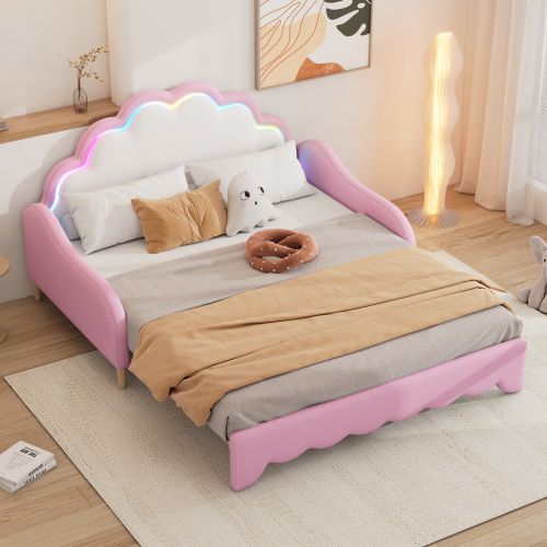 Lit Adulte 140x200 Cm, Transformable, Tête De Lit LED Et Lattes, En Pu, Rose