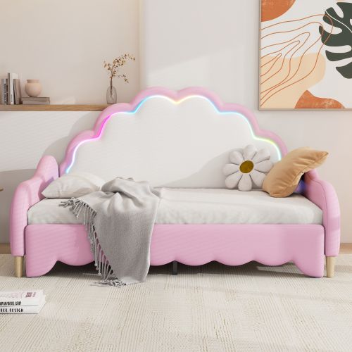 Lit Adulte 140x200 Cm, Transformable, Tête De Lit LED Et Lattes, En Pu, Rose