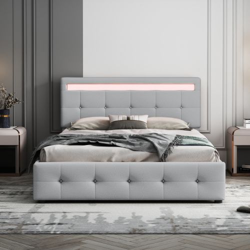 Lit Adulte 140x200 Cm, Avec Tête De Lit Et 4 Tiroirs, Avec Lattes, En Bois, Gris