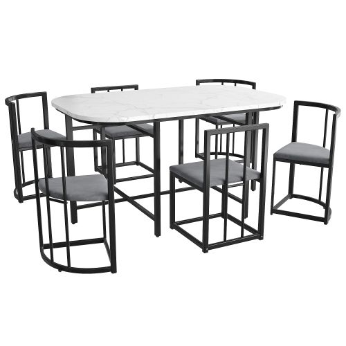 Ensemble Table Et Chaises, Table à Manger Avec Pieds Fer Noir Blanc Et 6 Chaises En Velours Gris