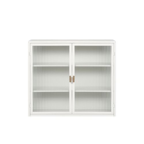 Armoire Murale De Salle De Bains Avec 2 Portes En Verre Trempé, 3 Niveaux, Blanc Antique