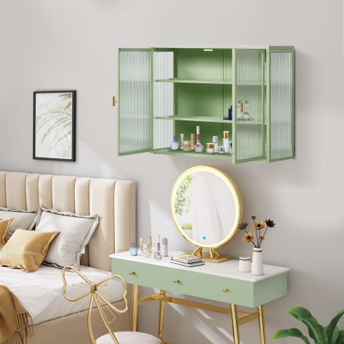 Armoire Murale De Salle De Bains Avec 2 Portes Vitré 70 Cm, 3 Niveaux, En Métal Vert