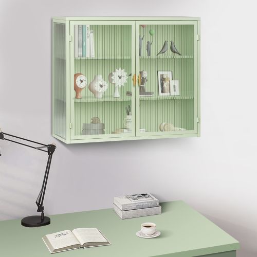 Armoire Murale De Salle De Bains Avec 2 Portes Vitré 70 Cm, 3 Niveaux, En Métal Vert