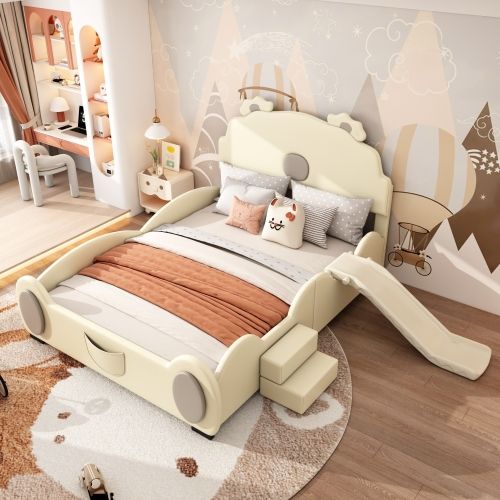 Lit Enfant 140x200 Cm Avec Toboggan Et Échelle, En Pu, Beige
