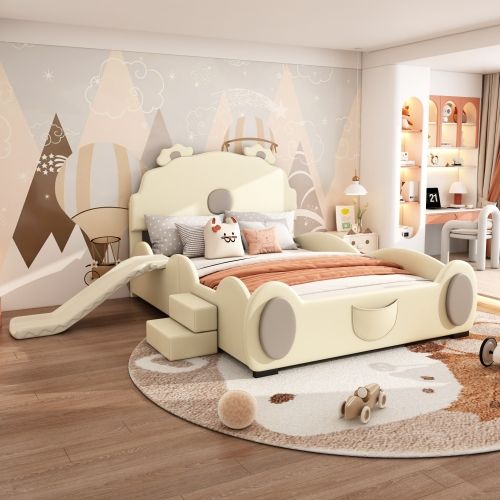 Lit Enfant 140x200 Cm Avec Toboggan Et Échelle, En Pu, Beige