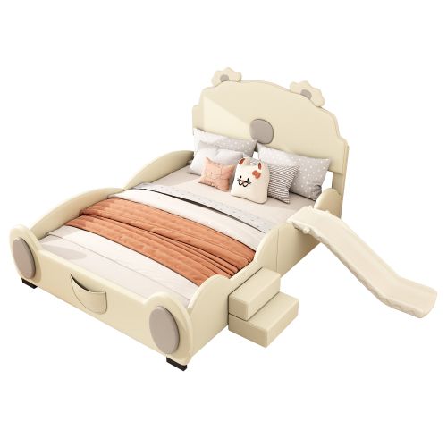 Lit Enfant 140x200 Cm Avec Toboggan Et Échelle, En Pu, Beige