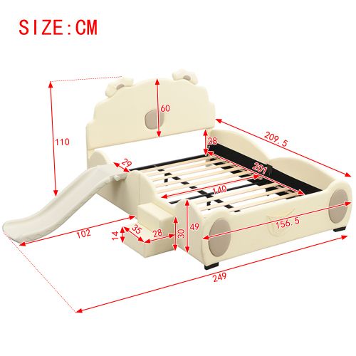 Lit Enfant 140x200 Cm Avec Toboggan Et Échelle, En Pu, Beige