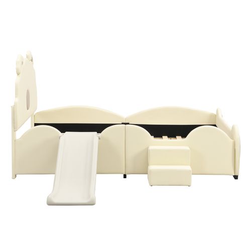 Lit Enfant 140x200 Cm Avec Toboggan Et Échelle, En Pu, Beige