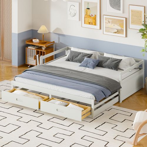 Lit Gigogne 90x200 Cm Avec 2 Tiroirs Et Sommier à Lattes, En Bois, Blanc