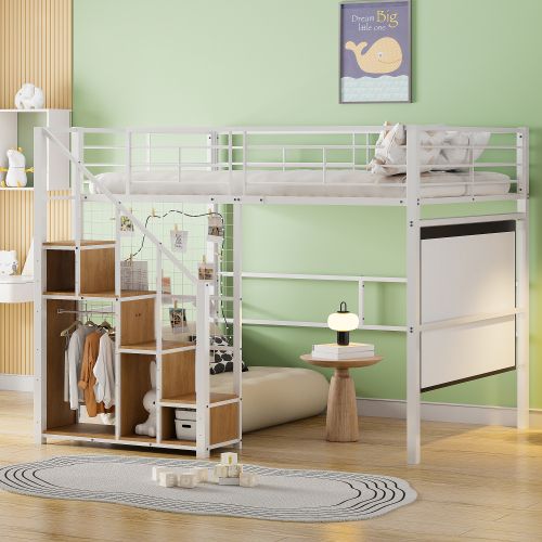 Lit Mezzanine Enfant 140x200 Cm Avec Rangement Et Échelle De Sécurité, En Métal, Blanc