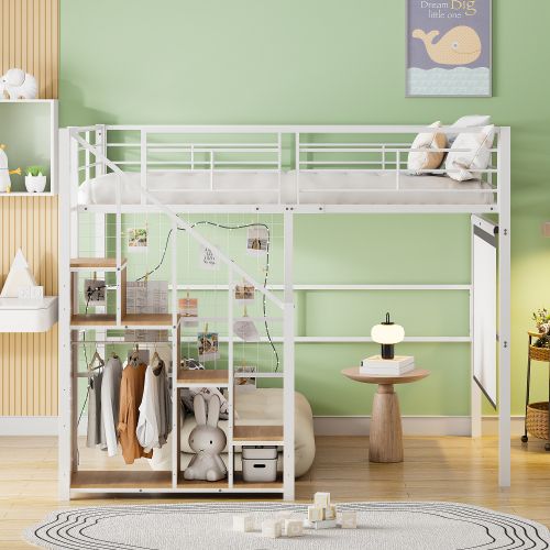 Lit Mezzanine Enfant 140x200 Cm Avec Rangement Et Échelle De Sécurité, En Métal, Blanc