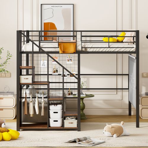 Lit Mezzanine Enfant 140x200 Cm, Rangement Intégré Et Échelle, En Métal, Noir