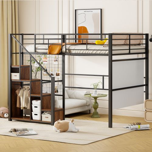 Lit Mezzanine Enfant 140x200 Cm, Rangement Intégré Et Échelle, En Métal, Noir