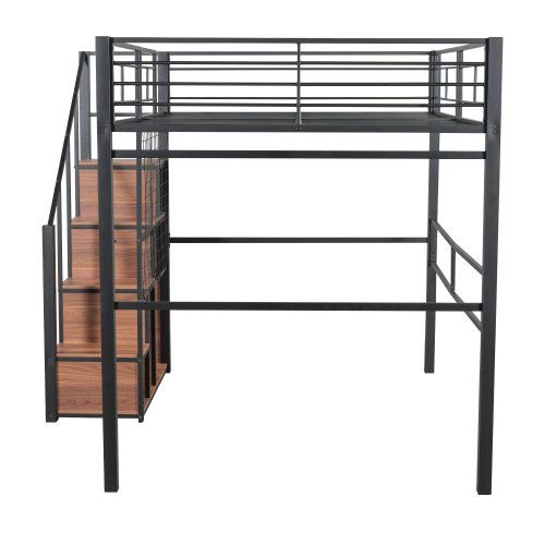 Lit Mezzanine Enfant 140x200 Cm, Rangement Intégré Et Échelle, En Métal, Noir