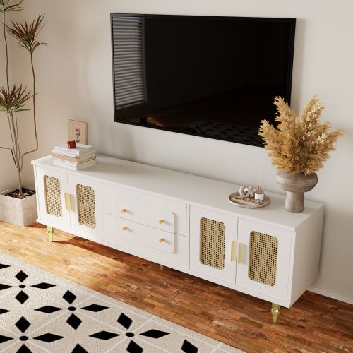 Meuble TV 175 Cm, 4 Portes En Rotin, 2 Tiroirs, Blanc