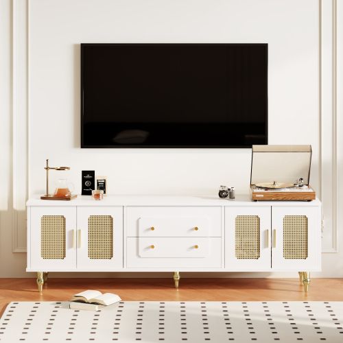 Meuble TV 175 Cm, 4 Portes En Rotin, 2 Tiroirs, Blanc