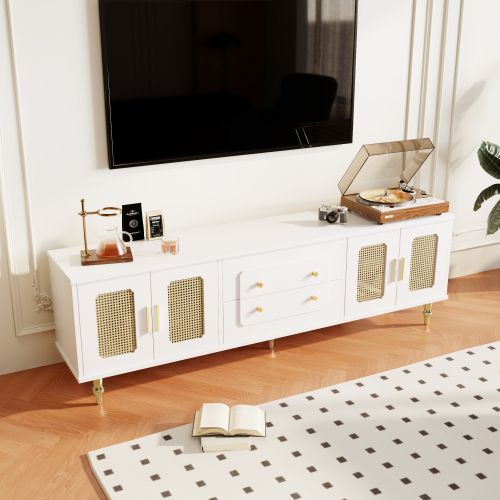 Meuble TV 175 Cm, 4 Portes En Rotin, 2 Tiroirs, Blanc