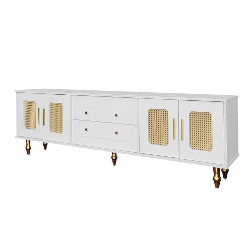 Meuble TV 175 Cm, 4 Portes En Rotin, 2 Tiroirs, Blanc
