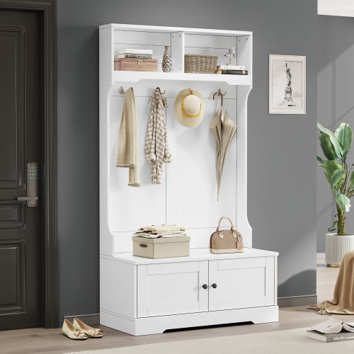 Vestiaire D’entrée Avec Assise, 4 Crochets, 2 Compartiments Ouverts Et Portes De Rangement, Blanc