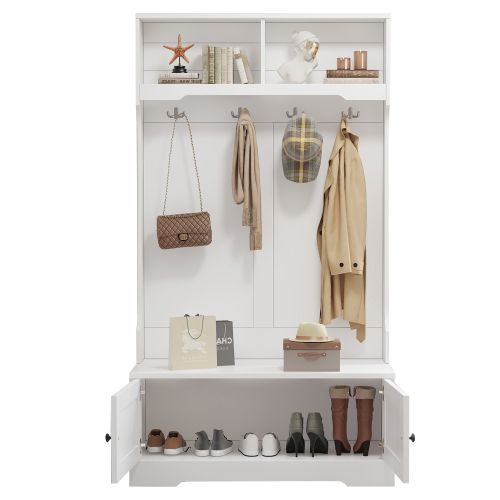 Vestiaire D’entrée Avec Assise, 4 Crochets, 2 Compartiments Ouverts Et Portes De Rangement, Blanc