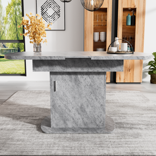Table à Manger Extensible 110-130x70 Cm, Finition Gris Béton Et Rangements Intégrés