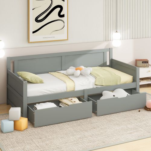 Lit Enfant 90x200 Cm, Avec 2 Tiroirs De Rangement, En Bois, Gris