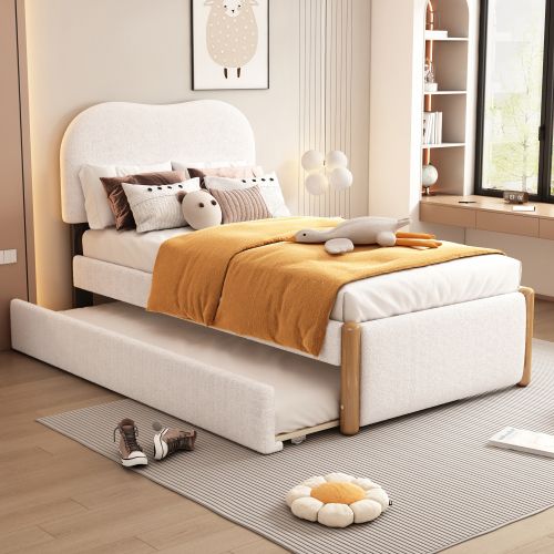 Lit Enfant 90x200 Cm Avec Lit Gigogne 91x191 Cm Et Tête De Lit, En Tissu, Blanc