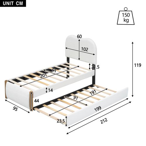 Lit Enfant 90x200 Cm Avec Lit Gigogne 91x191 Cm Et Tête De Lit, En Tissu, Blanc