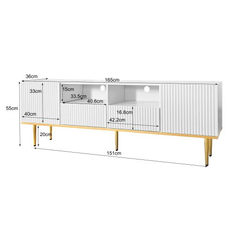 Meuble TV 165 Cm, Avec 2 Portes Et 2 Tiroirs, Pieds Dorés, Blanc