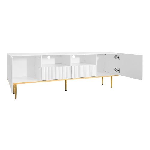 Meuble TV 165 Cm, Avec 2 Portes Et 2 Tiroirs, Pieds Dorés, Blanc