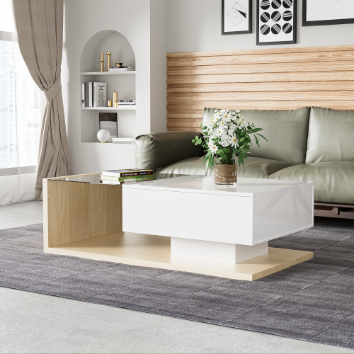 Table Basse Rectangulaire Blanche Et Bois Naturel Avec LED 16 Couleurs Et Rangement