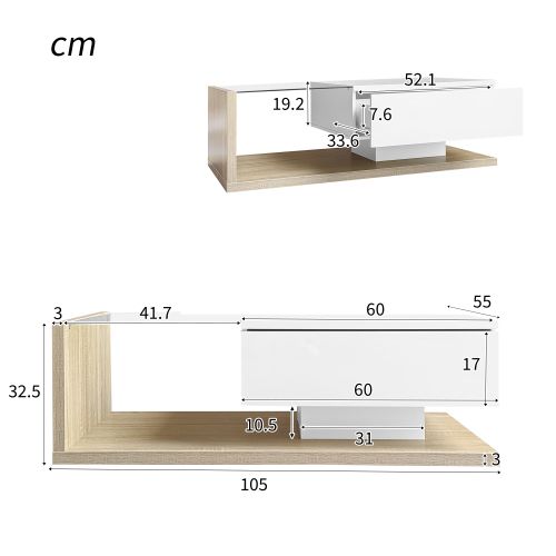 Table Basse Rectangulaire Blanche Et Bois Naturel Avec LED 16 Couleurs Et Rangement
