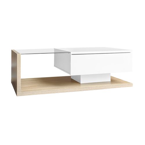 Table Basse Rectangulaire Blanche Et Bois Naturel Avec LED 16 Couleurs Et Rangement
