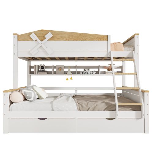 Lit Superposé 90x200 Cm Et 140x200 Cm, 2 Tiroirs Et Étagères, En Bois, Blanc Et Naturel