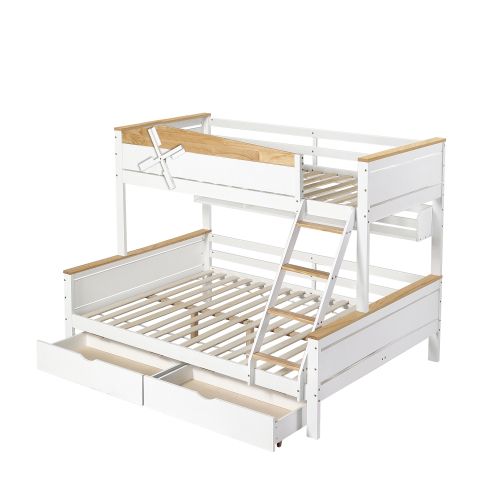 Lit Superposé 90x200 Cm Et 140x200 Cm, 2 Tiroirs Et Étagères, En Bois, Blanc Et Naturel