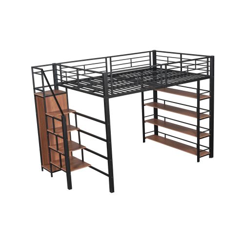 Lit Mezzanine 140x200 Cm, Avec Rangement Escalier Et Penderie, En Métal, Noir