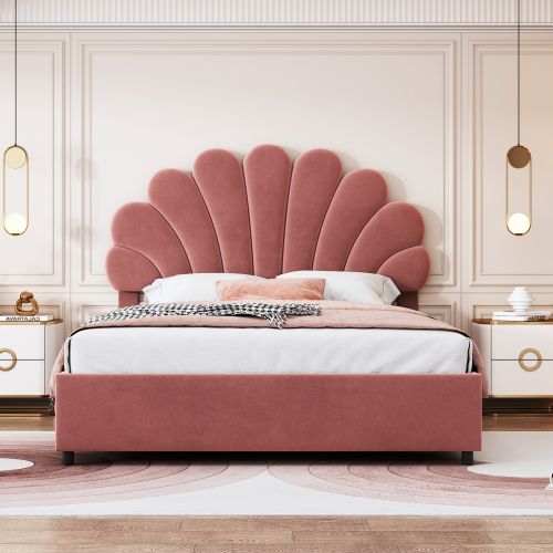 Lit Coffre 140x200 Cm, Lit Coffre Hydraulique, Tête De Lit Florale, En Velours, Rose