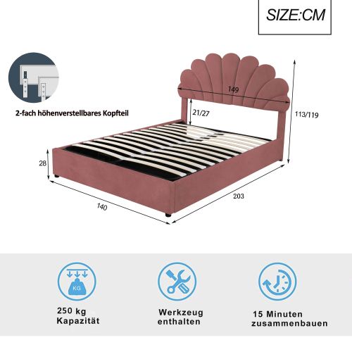 Lit Coffre 140x200 Cm, Lit Coffre Hydraulique, Tête De Lit Florale, En Velours, Rose